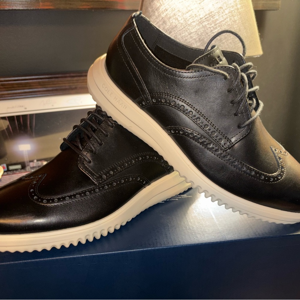 Cole Haan Men's Grand Wingtip Black Leather Oxfords with White Sole